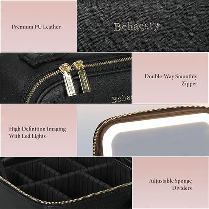 Travel Makeup Bag with LED Lighted Mirror, Cosmetic Makeup Organizer Bag with 3 Color Setting, Makeup Train Case with Adjustable Dividers for Women Makeup Brushes Jewelry Accessories (Black)