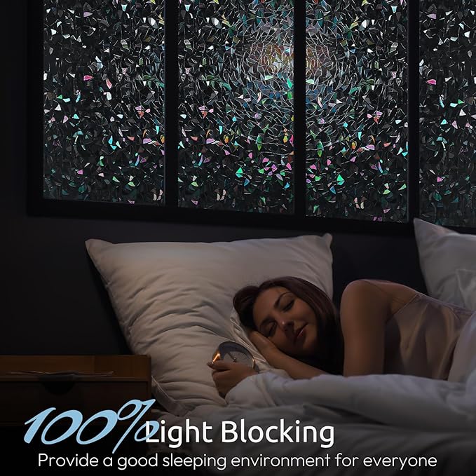 rabbitgoo Window Privacy Film Rainbow Film Decorative Window Sticker, 3D Static Stained Glass Cling Tint for Room Darkening Day Sleep, Black, 35.4 x 118.1 inches