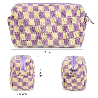 SOIDRAM 2 Pieces Makeup Bag Checkered Cosmetic Bag Purple Blue Makeup Pouch Travel Toiletry Bag Organizer Cute Makeup Brushes Storage Bag for Women
