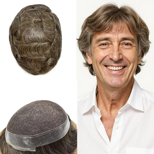 FACE MIRACLE French Lace Mens Toupee Human Hair System Lace Center Toupee for Men Thin Skin PU Around Hair Replacement System V-Looped Mens Hair Wig 6"X9" #520 5# MEDIUM LIGHT BROWN WITH 20% GREY