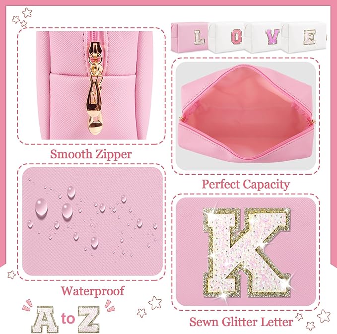 Initial Letter Patch Makeup Bag, Small Preppy A-Z Glitter Letter Cosmetic Bag, PU Leather Waterproof Travel Toiletry Bag, Cute Make Up Pouch Personalized Monogrammed Gift for Women Teen Girls