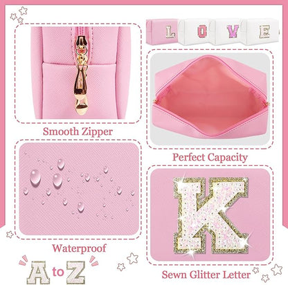 Initial Letter Patch Makeup Bag, Small Preppy A-Z Glitter Letter Cosmetic Bag, PU Leather Waterproof Travel Toiletry Bag, Cute Make Up Pouch Personalized Monogrammed Gift for Women Teen Girls