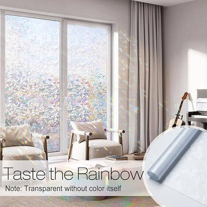 rabbitgoo Window Privacy Film Rainbow Film Decorative Window Sticker, 3D Static Stained Glass Cling Tint for Home Heat Control Non-Adhesive, 17.5 x 157.5 inches