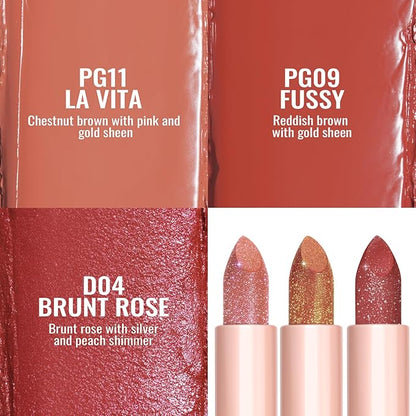 Oulac Moisture Shine Lipstick Set 3PCS - Infinity High Shine Finish, Hydrating Vegan Lipstick Infused with Damask Rose Oil for All-Day Comfort, Gluten-Free, PG11+PG09+D04
