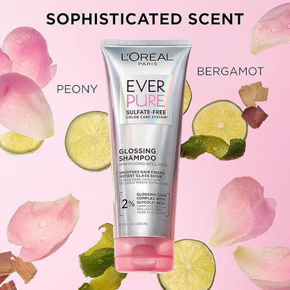 L'Oreal Paris Glossing Sulfate Free Shampoo and Conditioner Set with Glycolic Acid, Hair Care for Lasting Shine and Smoothness for Dull, Dry Hair, EverPure, 1 Kit