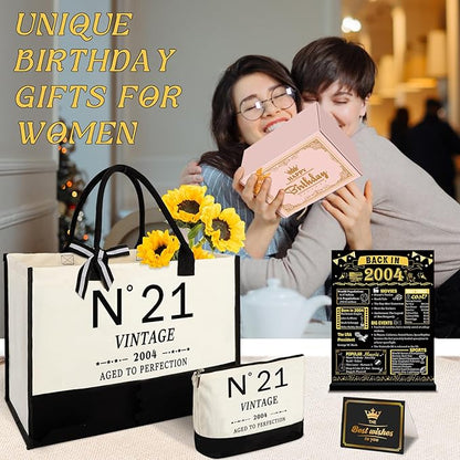 21st Birthday Gifts for Her Canvas Tote Bag Travel Gear, Unique 21 Years Old Gifts for Girlfriend Sister Coworker Friends Classmate Women, Vintage N°21 Handbag & Cosmetic Bag & Back in 2004 Poster