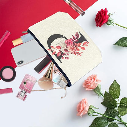 Initial A-Z Personalized Floral Makeup Bag, Monogrammed Birthday Gifts for Women Mom, Mothers Day Christmas Gift Ideas for Best Friend, Bride Bridesmaid, Her, Grandma, Small Travel Cosmetic Bag (P)