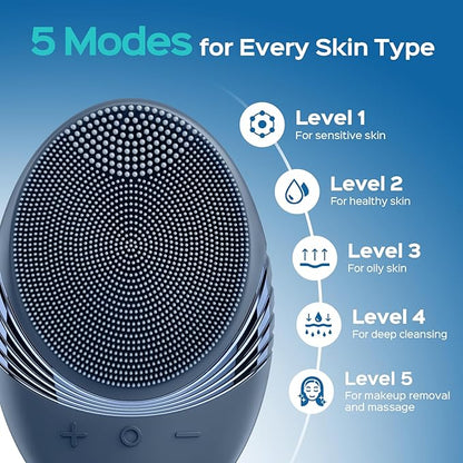 COSLUS Facial Cleansing Brush Face Scrubber : Portable Silicone Waterproof Rechargeable Face Wash Brush, 5 Cleansing Modes, Electric Deep Cleaning for Men & Women, Removing Blackhead, Exfoliating