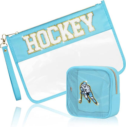 2 Pcs Hockey Gifts Makeup Bag with Chenille Letter Patch, Clear Cosmetic Pouch PVC Organizer Purse, Waterproof Travel Bag, Portable Toiletry Storage Bag for Her Girls Friends Women