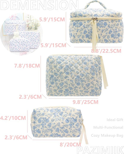 PAZIMIIK 3PCS Makeup Bag SET Large Travel Quilted Zipper Soft Cosmetic Case Pouch for Women Girls Make Up,Little Flower Blue