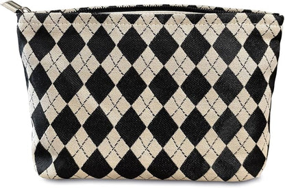 STARDW Parallel Checkered Makeup Bag Cute Cosmetic Bags for Women Girls, Travel Toiletry Bag Large Capacity Zipper Makeup Pouch, Purse Organizer Pouches