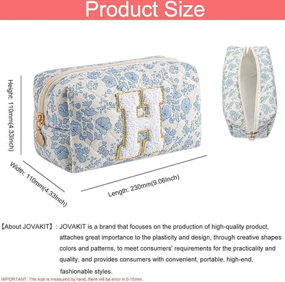 JOVAKIT Alphabet Makeup Bag Cosmetic Bag for Women, Christmas Gifts for Girls Age 6-18, Floral Flowers Coquette Travel Toiletry Zipper Make Up Pouch Organizer Trendy Stuff (2Pcs Blue Floral H)
