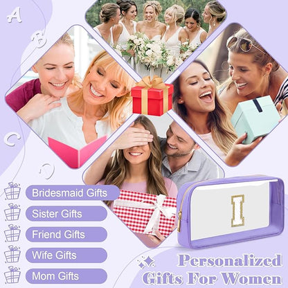 Personalized Initial Letter Clear Makeup Bag,Preppy Small Nylon&PVC Cosmetic Zipper Bag with Chenille Letter,Travel Skincare Toiletry Bag,Monogram Christmas Gift for Teen Girls Women,I