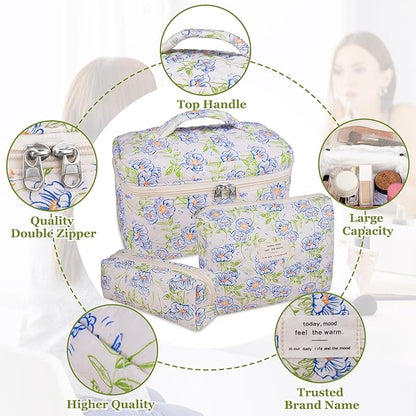 3PC Makeup Bag Set, Quilted Makeup Bag, Large Floral Cosmetic Bag for Women, Cute Cotton Makeup Bags, Flower Travel Toiletry Organizer Bag (light blue)