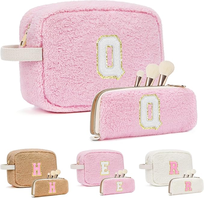 2PCS Makeup Bag with Initials, Christmas Day Gifts for Teen Girls Trendy Stuff, Personalized Cosmetic Travel Bag Pouch for Granddaughter, Cute Plush Make up Bags for Birthday - Pink Q