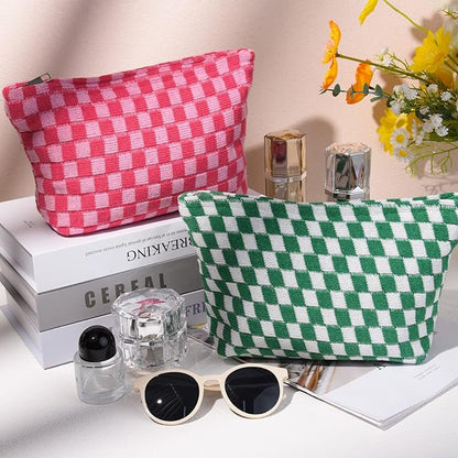 SOIDRAM 2 Pieces Makeup Bag Large Checkered Cosmetic Bag Capacity Canvas Travel Toiletry Bag Organizer Cute Makeup Brushes Aesthetic Accessories Storage Bag for Women, Checkered L Green Rose red