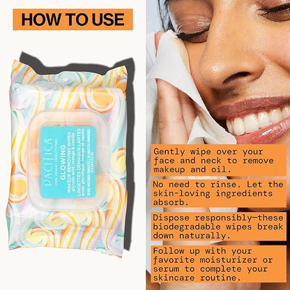Pacifica Beauty | Glowing Makeup Remover Wipes | Gycolic Acid, Coconut Water, Aloe Infused | Daily Cleansing + Exfoliating | Clean Skin Care | Plant Fiber Facial Towelettes | 4 Count | Vegan
