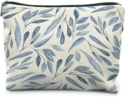 Blue Floral Makeup Bag Pouch, Blue and White Chinoiserie Makeup Pouch, Floral Cosmetic Bag, Boho Botanical Leaves Cosmetic Bag for Women