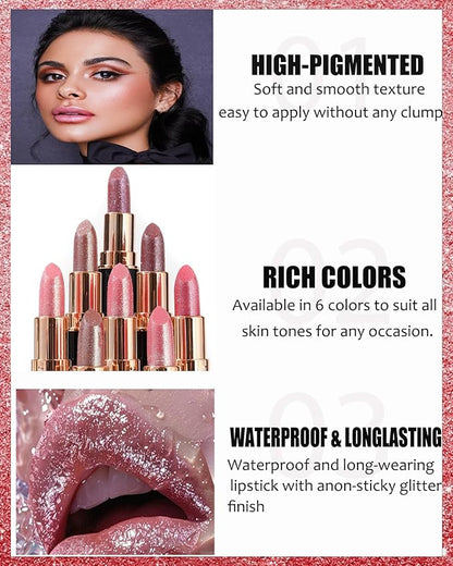 Red Metallic Glitter Lipstick Long Lasting, Diamond Nude Shimmer Lip Gloss High Pigmented Brown Matte Lip Stick for Women, Sparkling Shiny Transfer Proof Non Stick Tinted Lip Color Balm Makeup-05