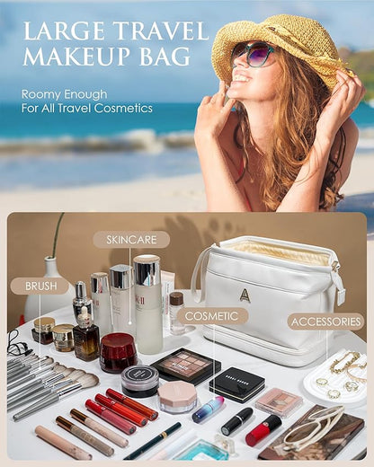 Personalized Gifts, Initial Makeup Bag, Personalized Double Layer Cosmetic Bag with Makeup Brush Organizer, Large Capacity PU Leather Travel Toiletry Bag Bride Gifts, Bridal Party Gifts