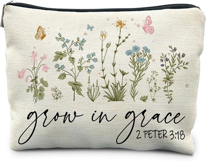Christian Floral Makeup Bag Pouch, Grow in Grace 2 Peter 3:18, Religious Christian Gifts for Women, Bible Verse Gifts, Bible Verse Cosmetic bag