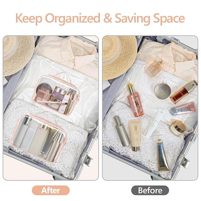PACKISM Clear Makeup Bag - 2 Pack TSA Approved Toiletry Bag with Handle and 180° Large Opening, Clear Toiletry Bag Fit Carry-on Travel Essential, Travel Bags for Toiletries, Rose Pink