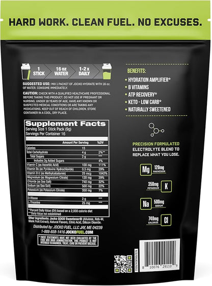Jocko Fuel Packets Low Sugar - Hydration Amplifier Packets for Recovery, Dehydration, & Exercise - with Vitamins B6, B12 & C (16 Packets) Lemon Lime