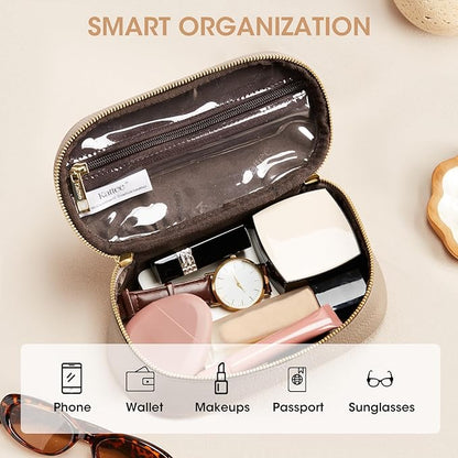Kattee Makeup Bag for Women, Leather Cosmetic Bag, Working Makeup Bags for Ladies with Handles, Portable Travel Toiletry Bag,Apricot