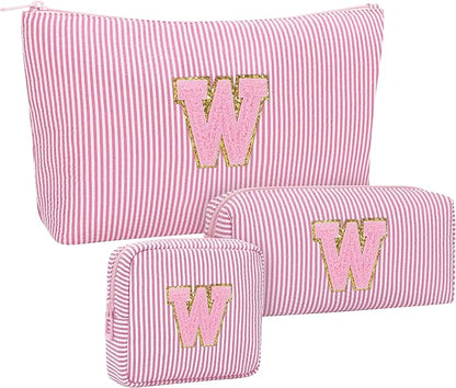 MONSTINA Personalized Initial Makeup Bag for Women,Make Up Case for Girlfriend Bridesmaid Wife,Maid Matron of Honor Gift, Bride to be Gifts,Bachelorette Party Favors,Birthday Gift for Her Pink W