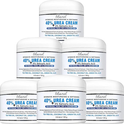Ebanel Urea Cream 40% plus Salicylic Acid 2%, Foot Cream for Dry Cracked Heels Feet Knees Elbows Hands, Foot Dead Skin Cuticle Callus Remover Toenail Softener, Keratolytic Skin Barrier Repair, 6-Pack