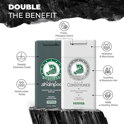 Bossman Hair Shampoo and Conditioner Combo - Hydrating, Strengthening, and Soothing Formula for Men's Hair - Paraben Free & Sulfate Free (Vetiver X) - Packaging May Vary