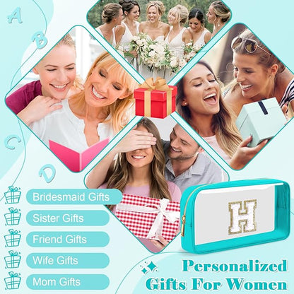 Personalized Initial Letter Clear Makeup Bag,Preppy Small Nylon&PVC Cosmetic Zipper Bag with Chenille Letter,Portable Beach Travel Skincare Toiletry Bag,Trendy Monogram Gift for Teen Girls Women,H