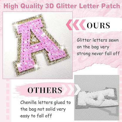 Small Initial Patch Makeup Bag Personalized Gifts Make Up Bag,White Cute PU Leather Glitter Letter Cosmetic Bag with Zipper,Trendy Portable Travel Toiletry Pouch,Preppy Stuff for Teen Girls Women M