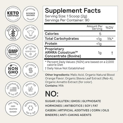 ARMRA Colostrum™ Powder | Blood Orange | Gut Health & Bloating | Skin & Hair | Immunity | Keto, Gluten & Fat-Free | 90 Servings