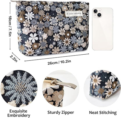 STARDW Aesthetic Floral Makeup Bag Cute Small Cosmetic Bags for Women Girls, Travel Toiletry Bag Large Capacity Zipper Makeup Pouch, Purse Organizer Pouches