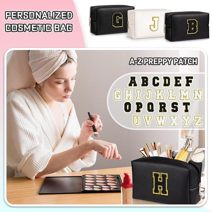 TOPEAST Travel Makeup Bag, Personalized Initial Toiletry Bag w Zipper, Cute Makeup Pouch, PU Leather Waterproof Cosmetic Bag, Birthday Gift for Daughter, Preppy Things for Girls (Black G)