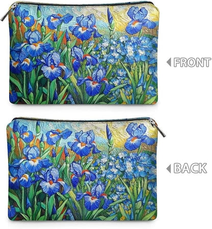 COEQINE Leather Cosmetic Purses for Women Wedding Floral Makeup Bag Organizer Portable Travel Lisptic Pouch With Zipper Womens Evening Wedding Party Cosmetic Purse Wallet,Iris Floral Art Print