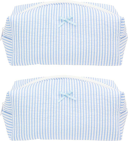 PAZIMIIK 2PCS Cozy Makeup Bag Travel Cosmetic Bag for Women Soft Toiletry Bag Aesthetic Makeup Organizer Portable Large Zipper Pouch for Skincare Beauty Accessories Brushes Stripe Blue