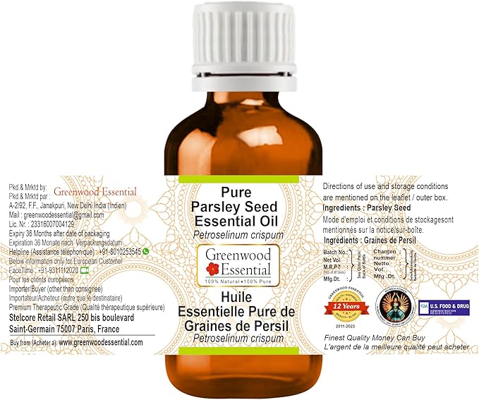 Greenwood Essential Pure Parsley Seed Essential Oil (Petroselinum crispum) Steam Distilled 15ml (0.50 oz)