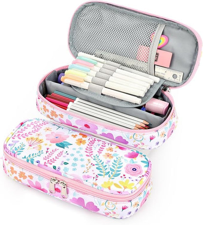 mibasies Girls Pencil Case for Kids, Multi-Slot Pencil Pouch, Flower Pink White