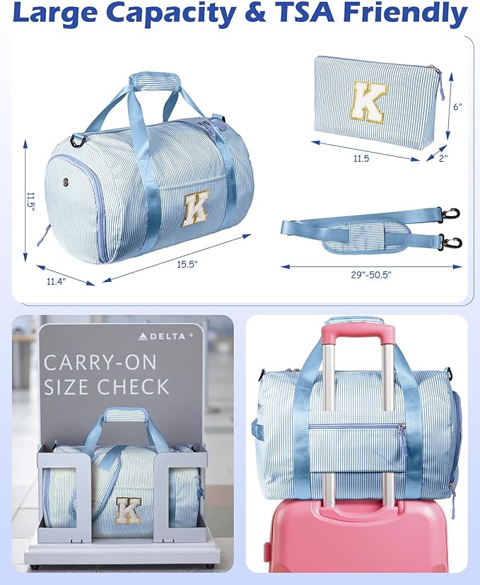 Gift for Cheerleader Girl, Girls Travel Duffle Bag, Kids Initial Overnight Bags with Shoe Compartment, Customized Weekender Bag with Makeup Pouch, Preppy Stuff for Teenager (Letter S)