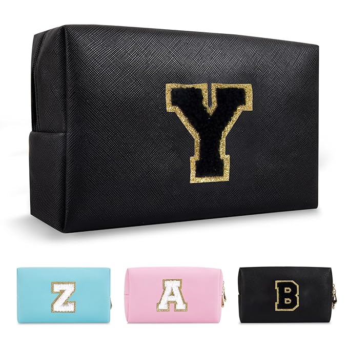 Personalized Initial A-Z Preppy Patch Makeup Bag,Small PU Chenille Letter Cosmetic Bag with Zipper for Teen Girls,Black Cute Toiletry Organizer Bag,Monogram Makeup Case Gift for Women Girls,Letter Y