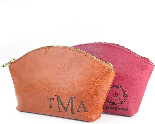 Personalized Makeup Bag • Genuine Leather Custom Cosmetic Bag • Mini Bag for Purse • Leather Make Up Pouch • Custom Toiletry Bag • Customized Bag with Name or Initials • Makeup Accessories for Women