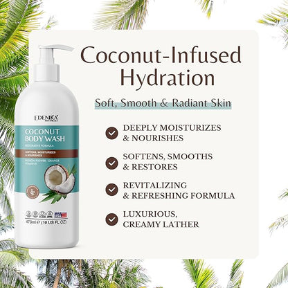 Coconut Body Wash, Cleans, Softens & Nourishes, Ultra Moisturizing Shower Gel for Dry and Sensitive Skin, Women & Men, Organic & Natural, 16 fl oz, 2-Pack