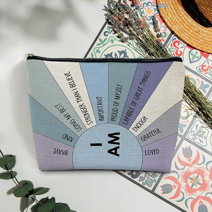 Blue Inspirational Gifts Makeup Bag, I Am Affirmation Positive Gifts Cosmetic Bag Travel Toiletry Bag for Women, Boho Blue Sunshine I am Brave Kind Zipper Makeup Pouch
