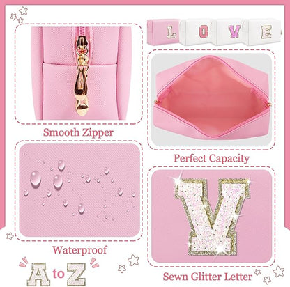Personalized Initial Letter Patch Makeup Bag, Preppy Glitter Letter Makeup Organizer, Cute Monogrammed Pouch Cosmetic Bag PU Leather Waterproof Travel Toiletry Bag, Gift for Women Teen Girls