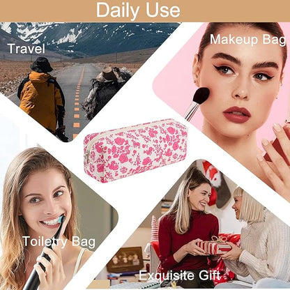 Cute Floral Cotton Makeup Brush Cosmetic Bag for Women, Travel Quilted Zipper Make Up Bag, Flowers Toiletry Organizer Case Kawaii Makeup Cosmetic Travel Cloth Pouch (Big Red Floral)