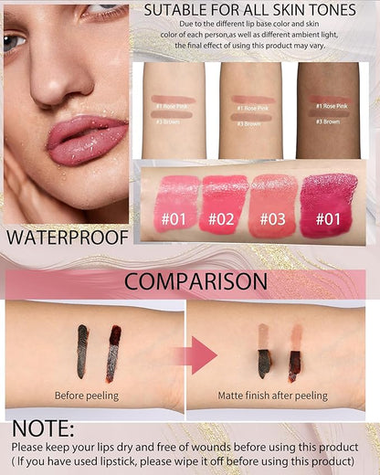 Peel Off Tattoo Lip Liner Stain Lip Gloss Combo Sets, 2 Colors Rose Pink Brown Matte Lip Liner and Nourishing Lip Gloss Tint Stain Kit, Long Lasting Waterproof Non Sticky Liquid Lipstick Makeup-Set 01
