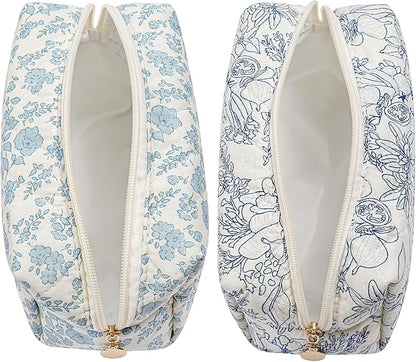 Makeup Bag Travel Cosmetic Bag for Women Girls, Zipper Make Up Pouch, Floral Flowers Toiletry Organizer Makeup, Portable Storage Bag, Cosmetic Travel Cloth Bag (Blue Floral+Navy Blue Flower)