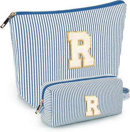 2 PCS Initial Makeup Bags for Women: Cosmetic Bag for Travel Toiletry - Birthday Gifts for 11 12 13 14 15 16 17 18 Years Old Girl Graduation Teacher Gift- Teen Girl Gifts Trendy Stuff - Blue R